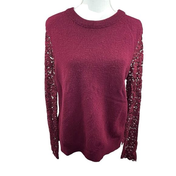 Tory Burch Maroon Dina Merino Wool Lace Sleeves Crew Neck Sweater L Peplum Back - Picture 1 of 11